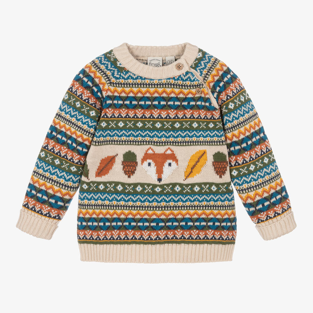 Frugi - Boys Beige & Green Fairisle Fox Sweater | Childrensalon
