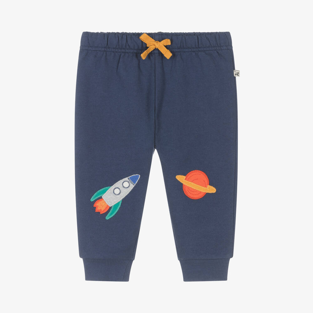 Frugi - Boys Blue Cotton Space-Patch Joggers | Childrensalon