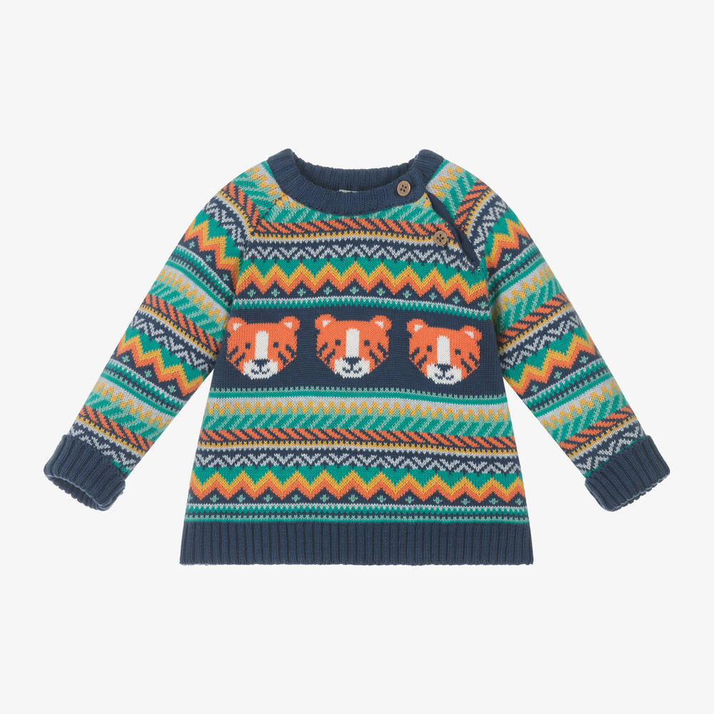 Frugi - Boys Blue Cotton Tiger Fair Isle Sweater | Childrensalon