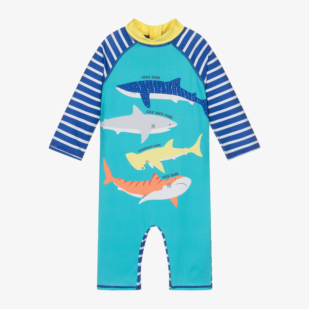 Frugi - Boys Blue Shark Stripe Sun Suit (UPF50+) | Childrensalon