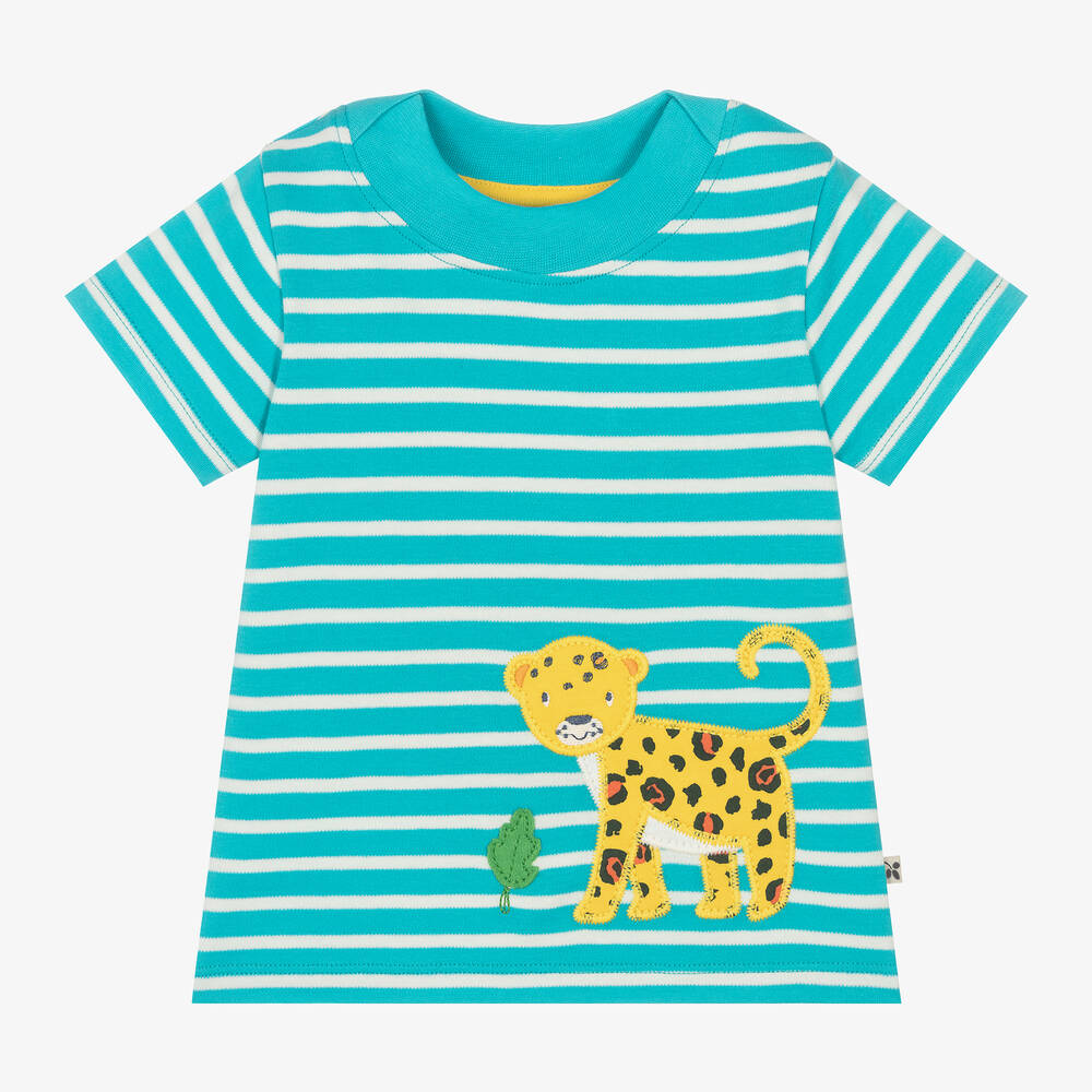 Frugi - Boys Blue Striped Cotton Leopard T-Shirt | Childrensalon