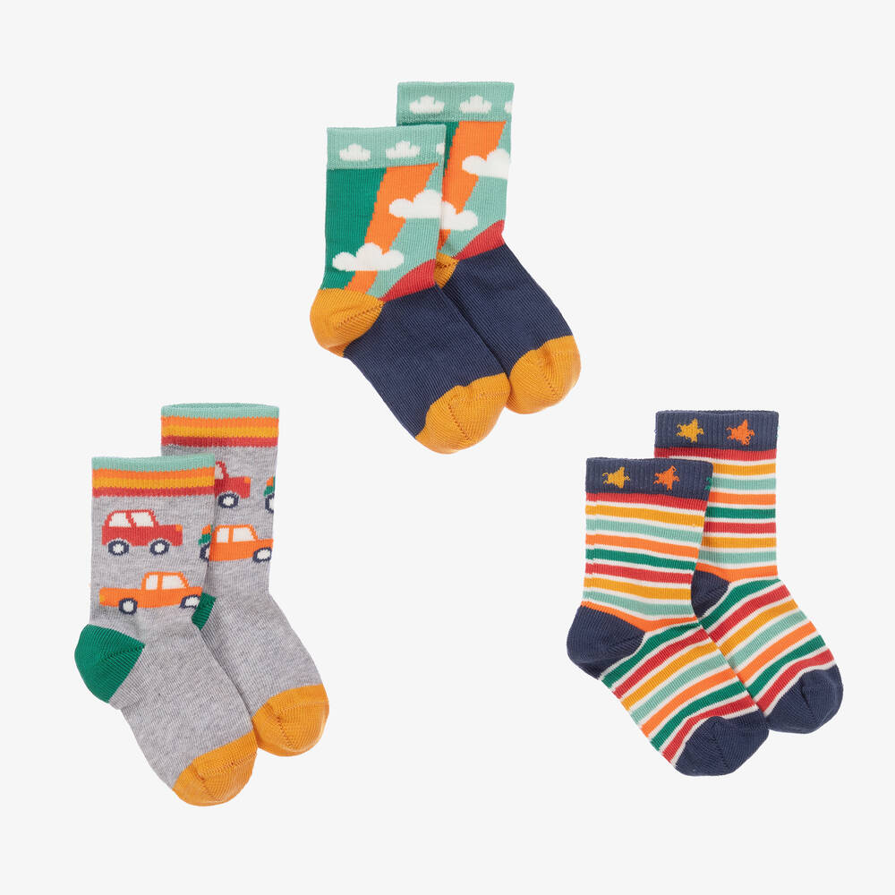 Frugi - Boys Green & Grey Cotton Socks (3 Pack) | Childrensalon