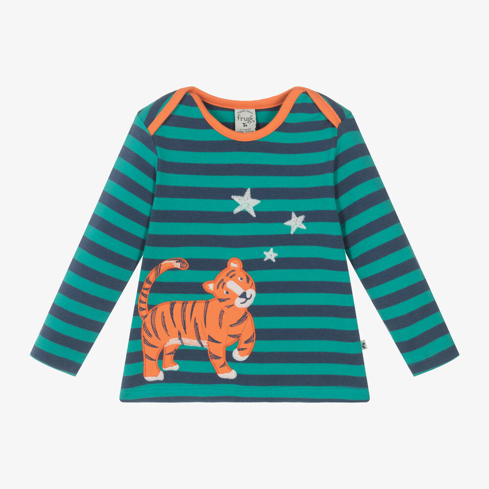 Frugi - Boys Green Striped Cotton Tiger Top | Childrensalon