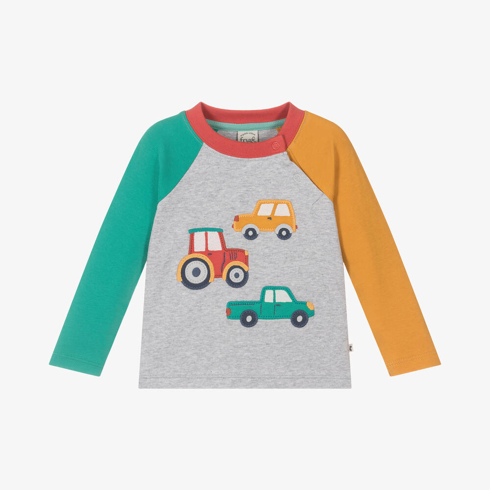 Frugi - Boys Grey Organic Cotton Tractor Top | Childrensalon