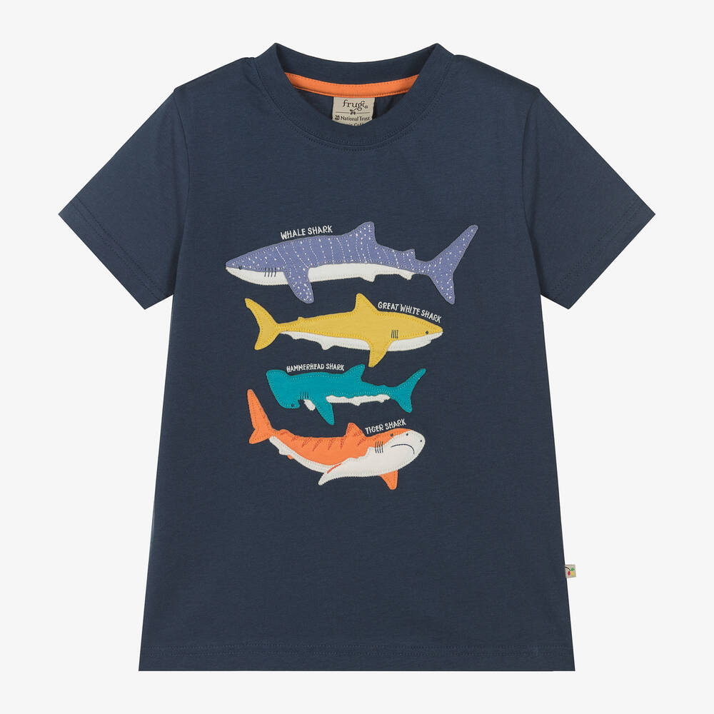Frugi - Boys Navy Blue Cotton Shark T-Shirt | Childrensalon