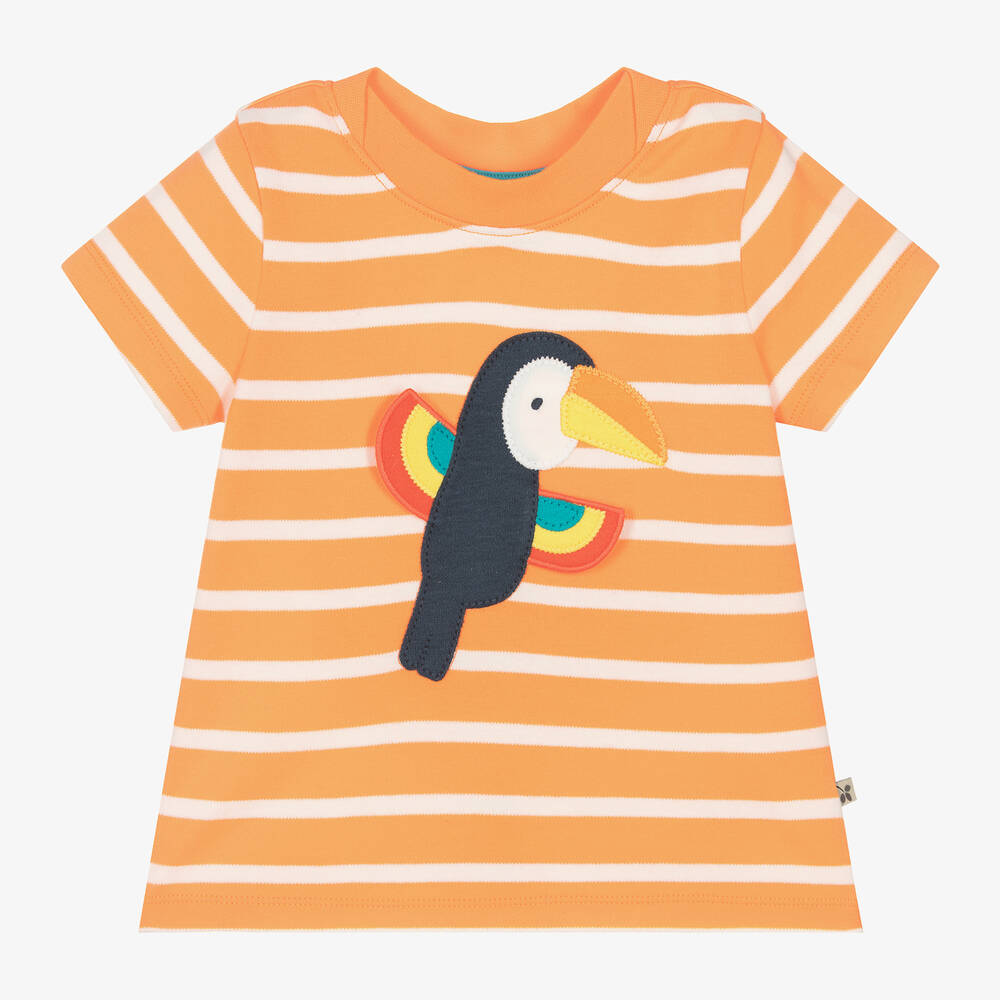 Frugi - تيشيرت قطن عضوي مقلم لون برتقالي وأبيض للأولاد | Childrensalon