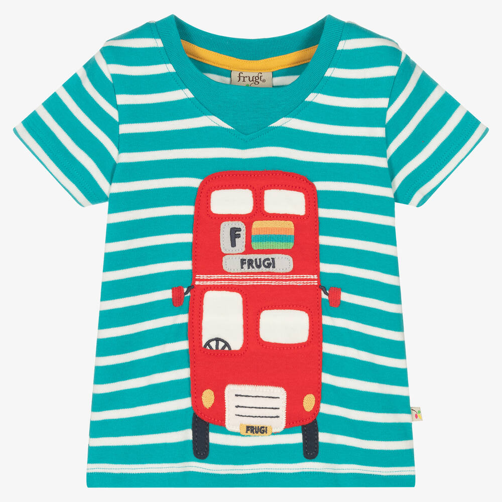 Frugi Kids' Boys Striped Cotton Bus T-shirt In Blue