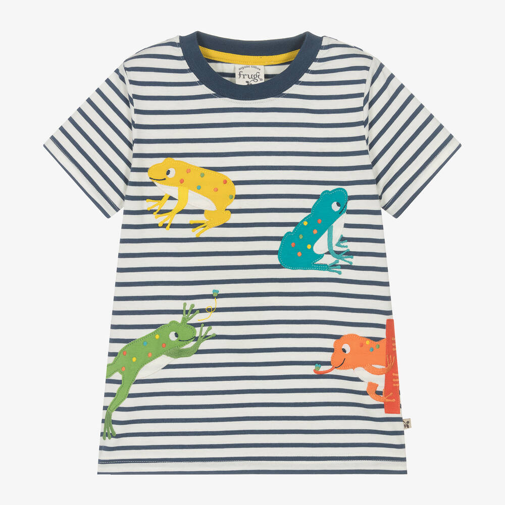 Frugi - Boys White Striped Cotton Frog T-Shirt | Childrensalon