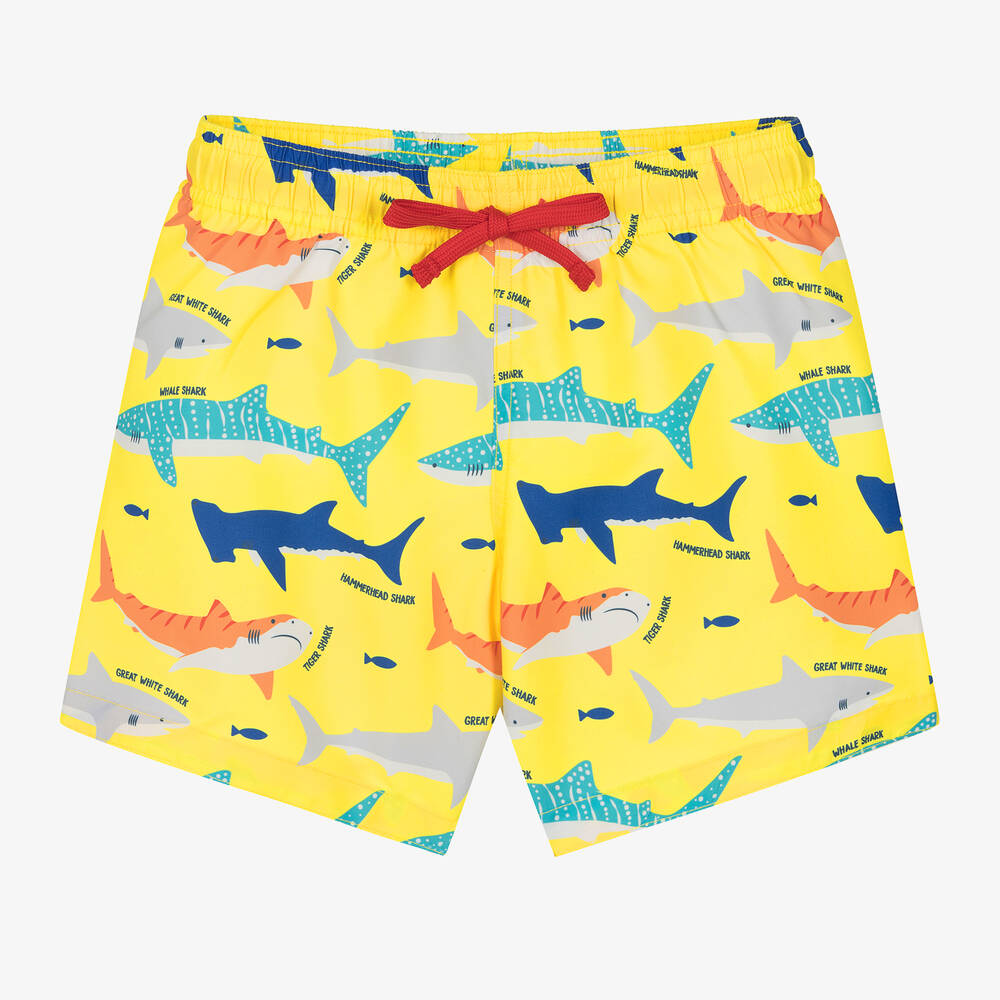 Frugi Kids' Boys Yellow Shark Print Swim Shorts