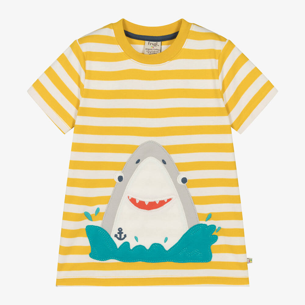 Shop Frugi Boys Yellow Striped Cotton Shark T-shirt
