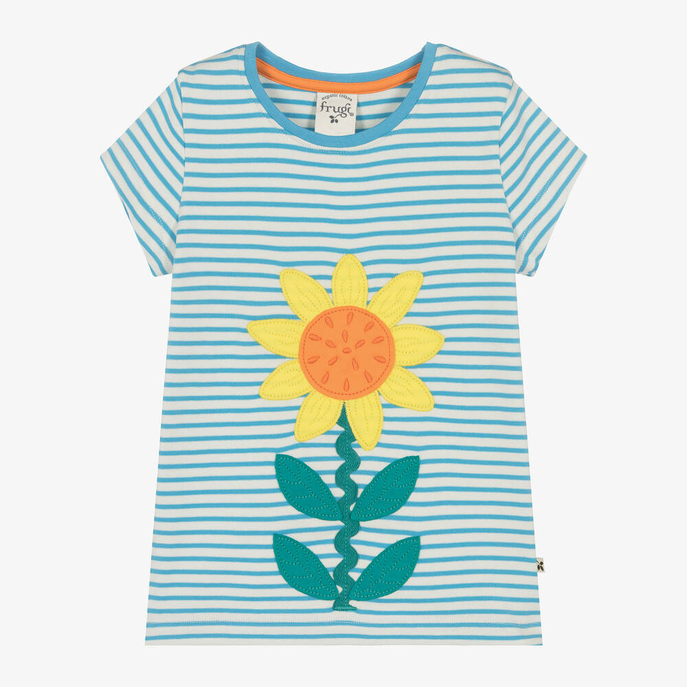 Frugi - Girls Blue Striped Cotton Flower T-Shirt | Childrensalon