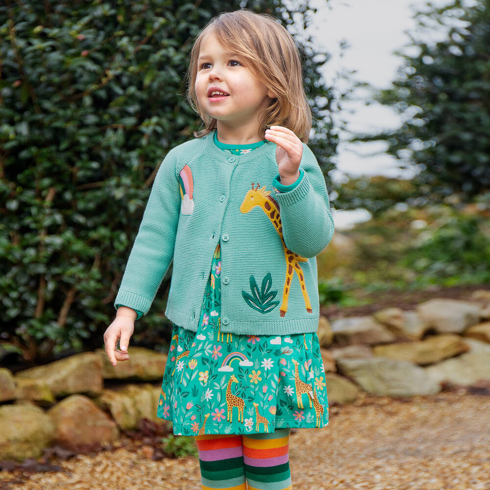 Frugi-Girls Green Cotton Knit Giraffe Cardigan | Childrensalon