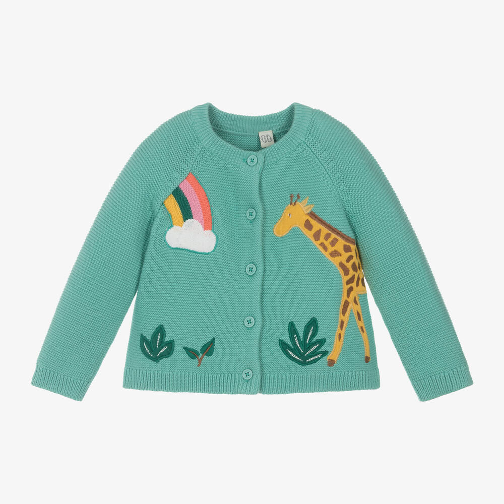 Frugi - Girls Green Cotton Knit Giraffe Cardigan | Childrensalon