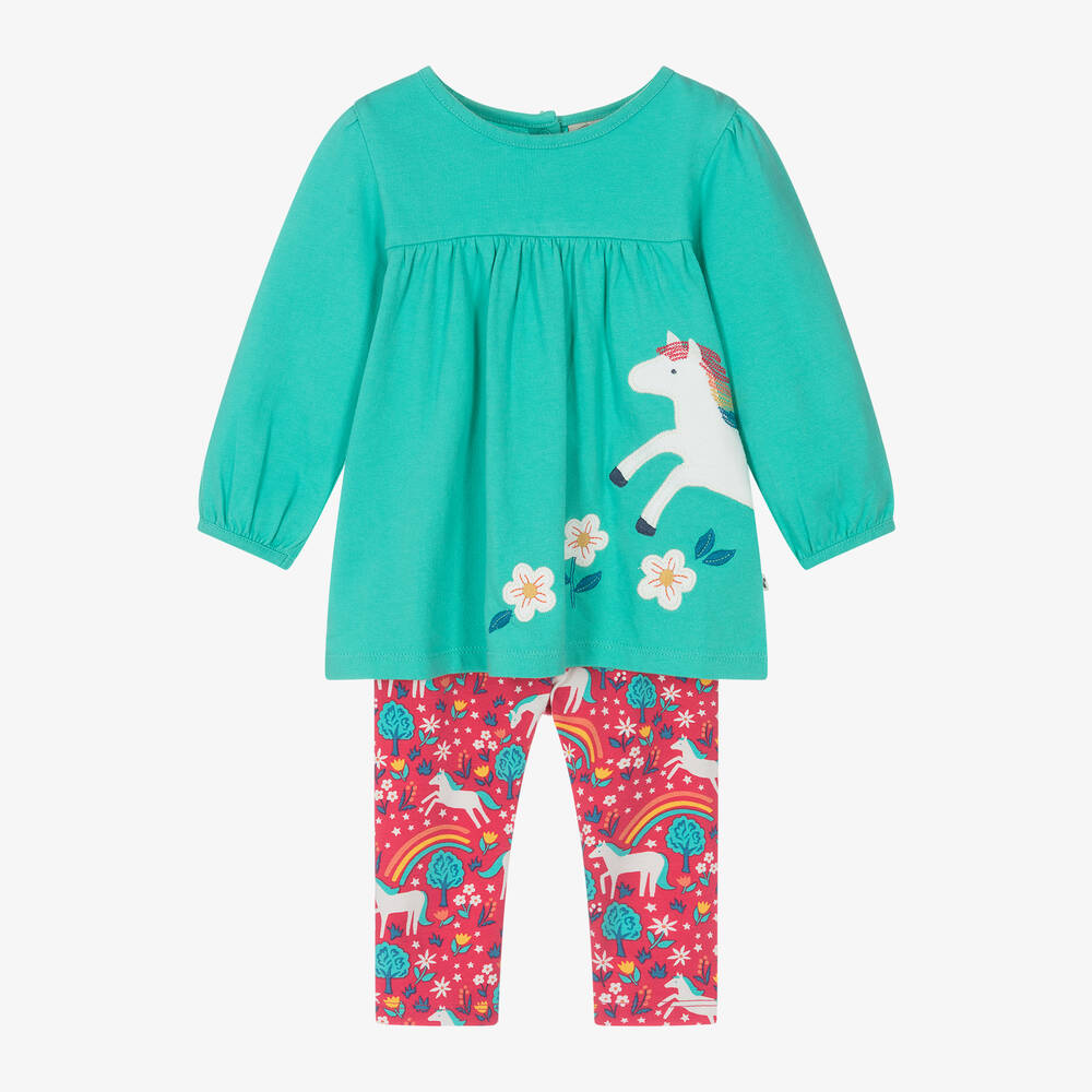 Frugi - Girls Green & Pink Organic Cotton Leggings Set | Childrensalon