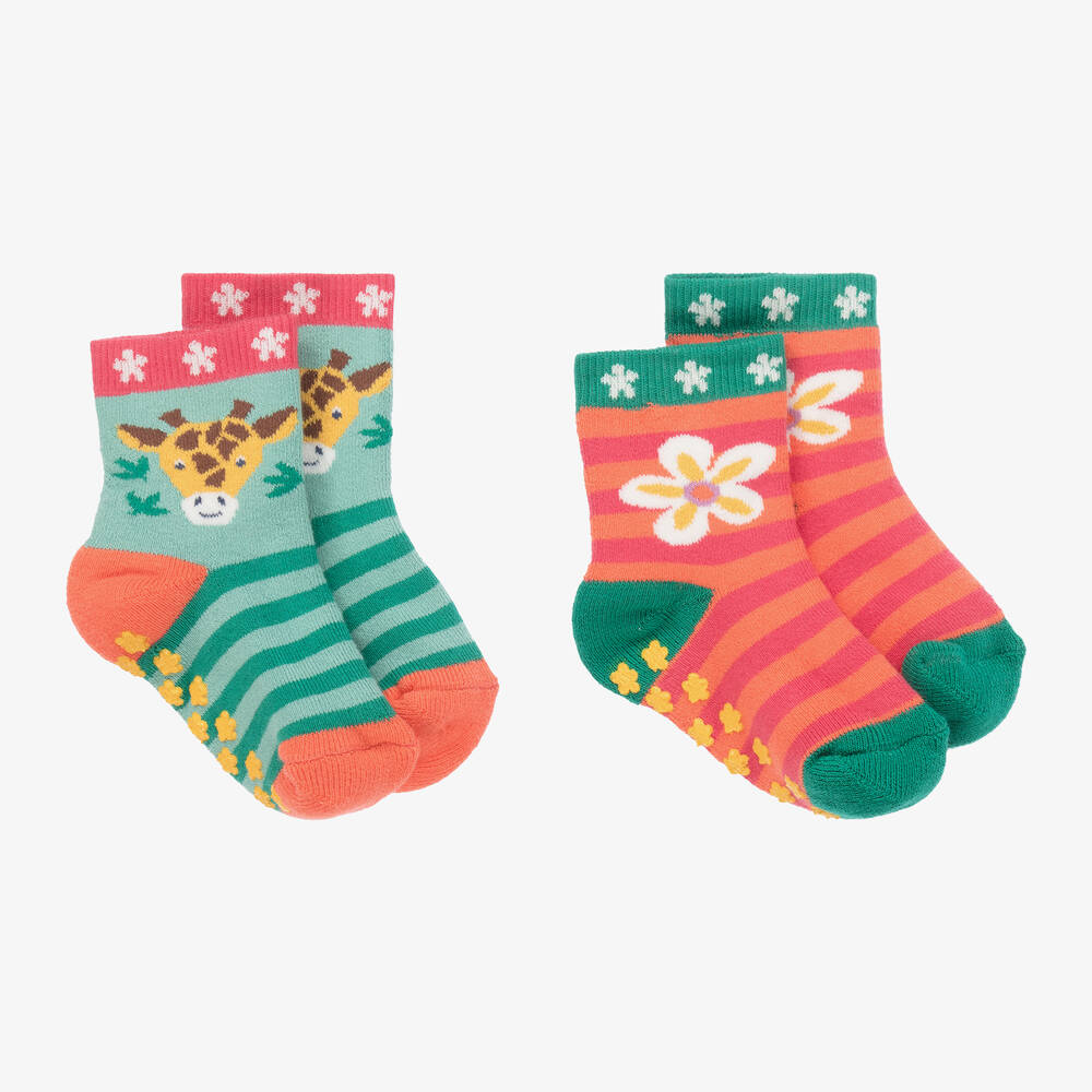 Frugi - Girls Pink Cotton Slipper Socks (2 Pack) | Childrensalon