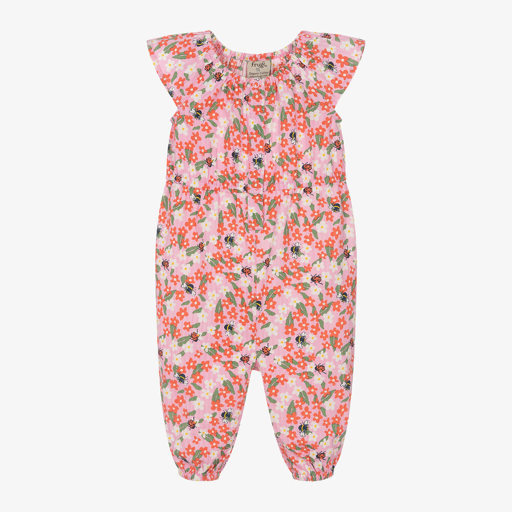 Frugi Babies' Girls Pink Floral Cotton Jumpsuit