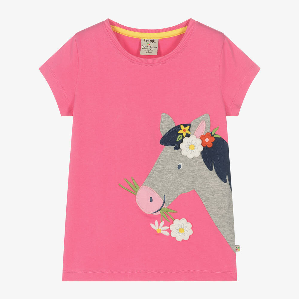 Frugi - Girls Pink Organic Cotton Horse T-Shirt | Childrensalon