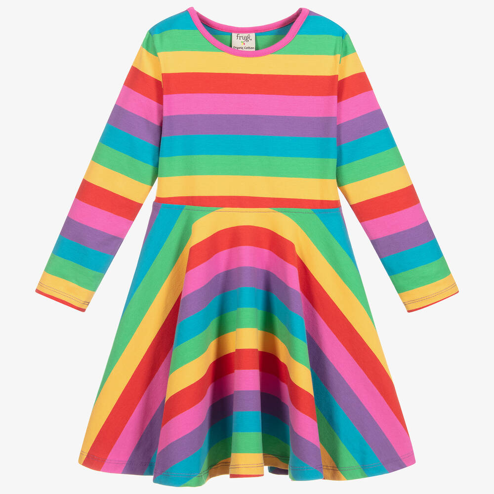 Frugi Kids' Girls Pink Rainbow Striped Cotton Dress