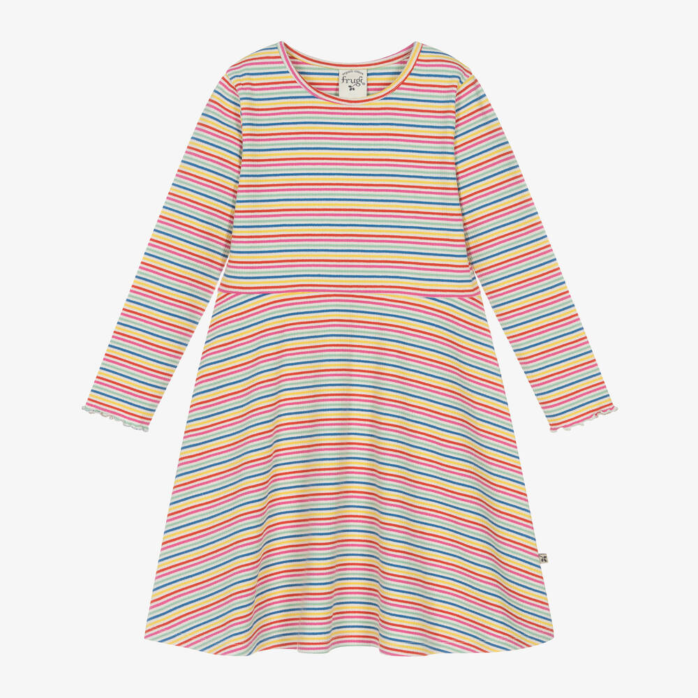 Frugi - Girls Rainbow Stripe Cotton Jersey Dress | Childrensalon