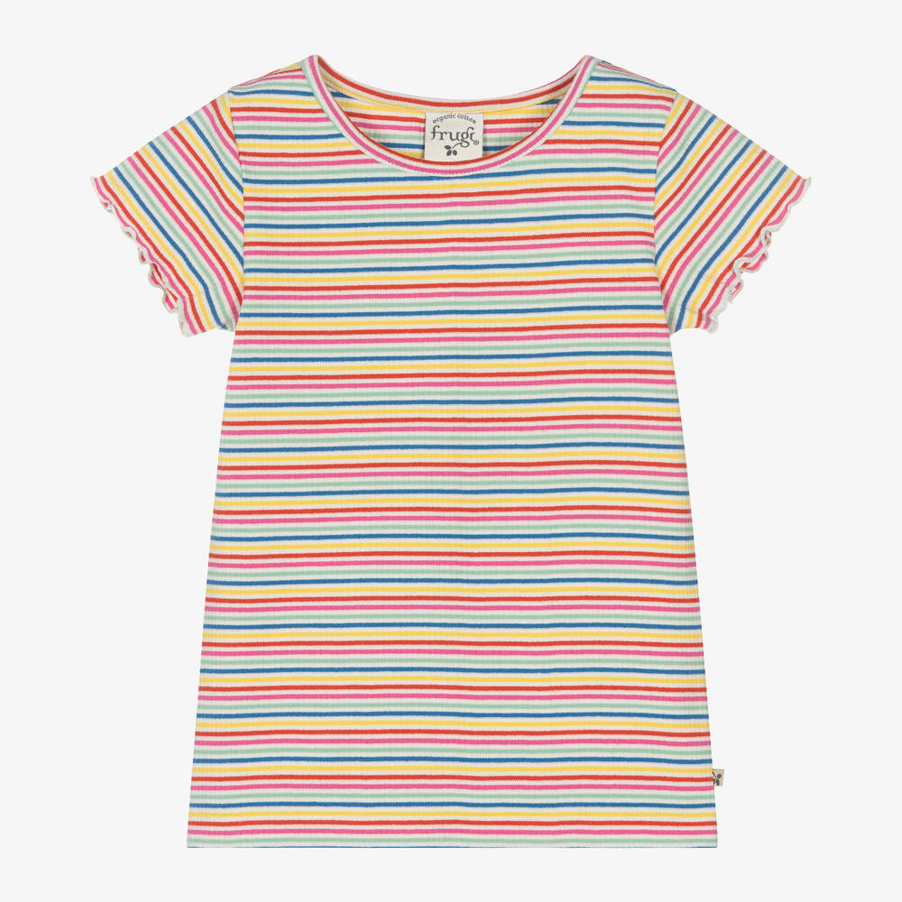 Frugi - Girls Rainbow Stripe Cotton T-Shirt | Childrensalon