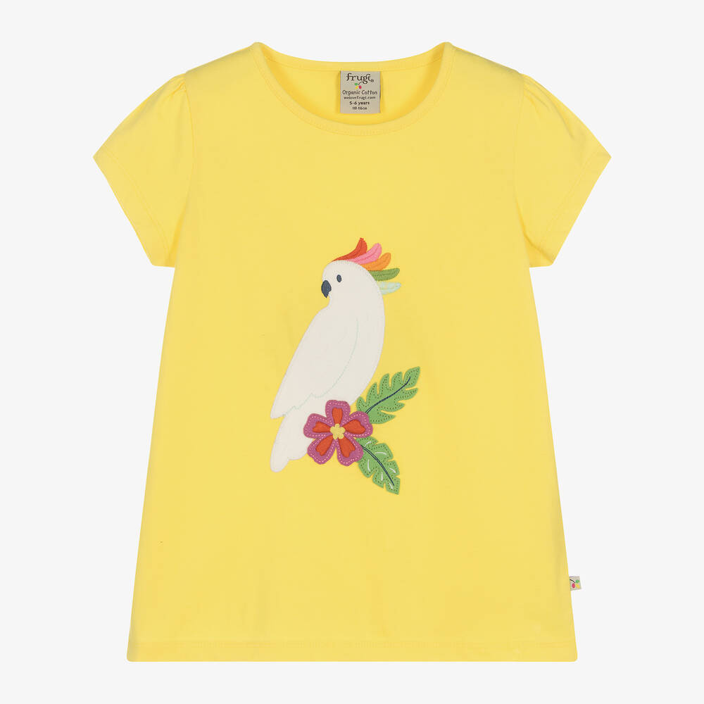Shop Frugi Girls Yellow Cotton Cockatoo T-shirt