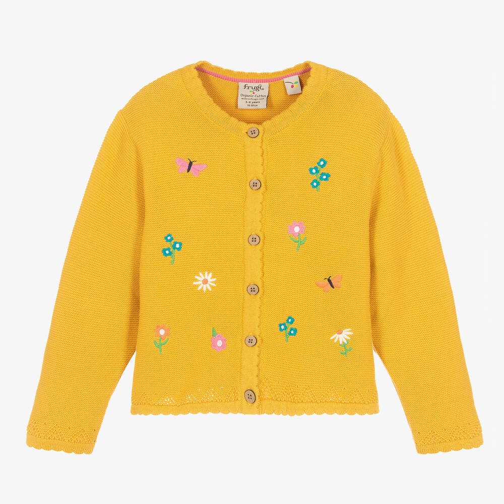 Frugi Babies' Girls Yellow Cotton Embroidered Cardigan