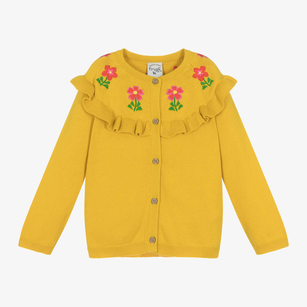 Frugi - Girls Yellow Cotton Flower Cardigan | Childrensalon