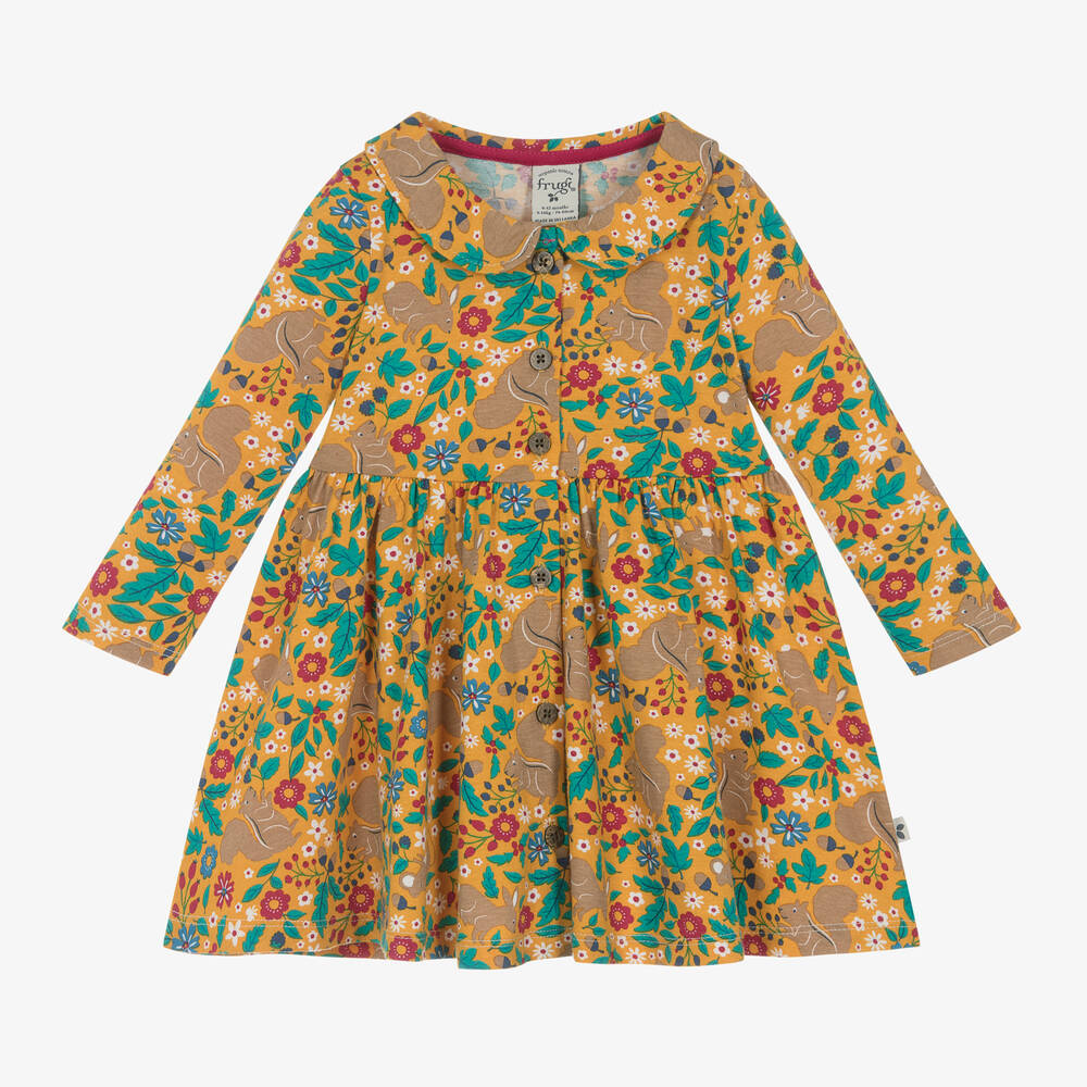 Frugi - Girls Yellow Cotton Forest Animals Dress | Childrensalon