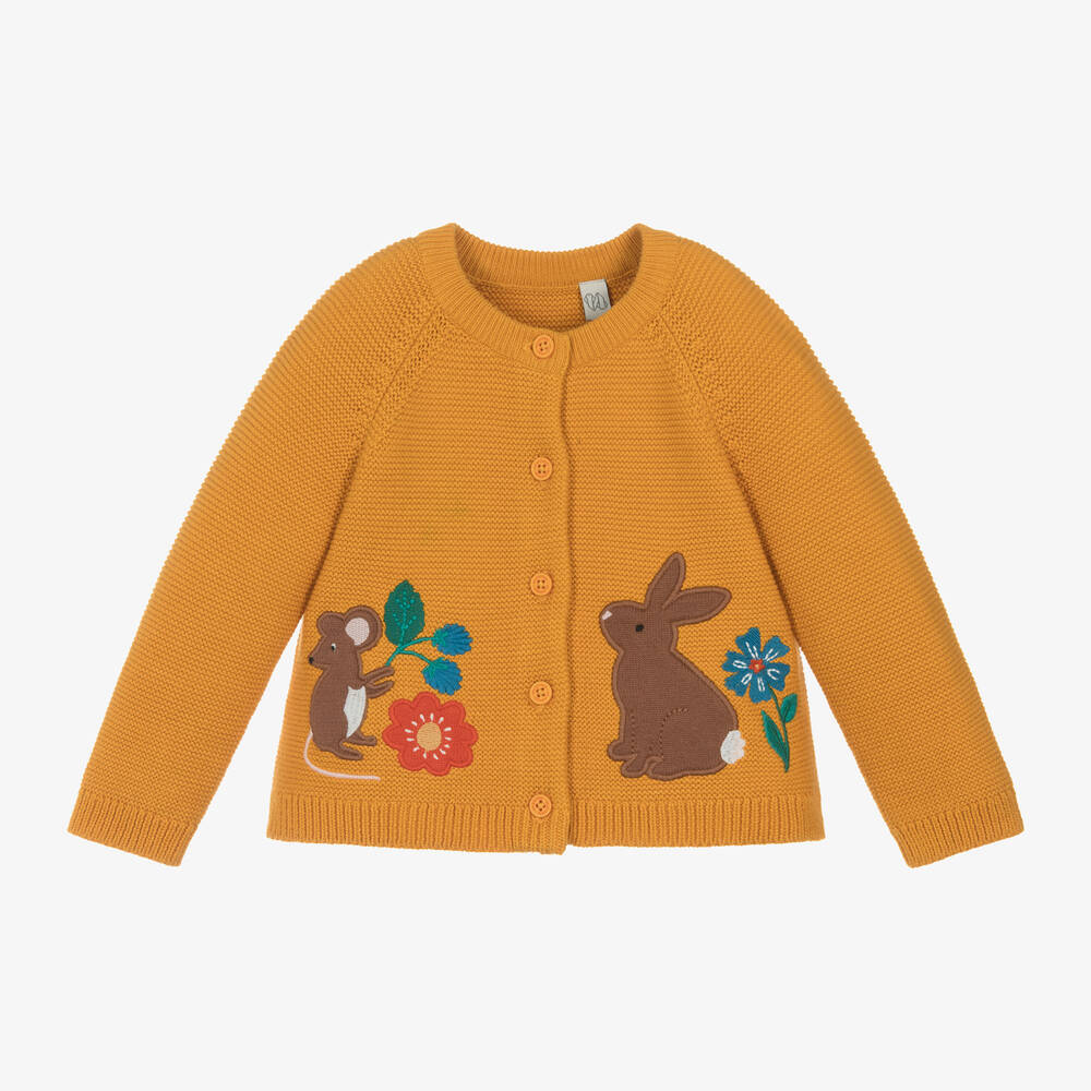 Frugi - Girls Yellow Cotton Knit Rabbit Cardigan | Childrensalon