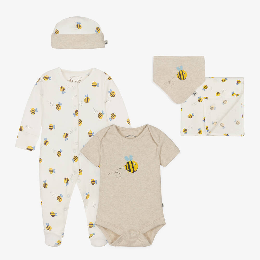 Frugi - Ivory Organic Cotton Bee Babysuit Set | Childrensalon