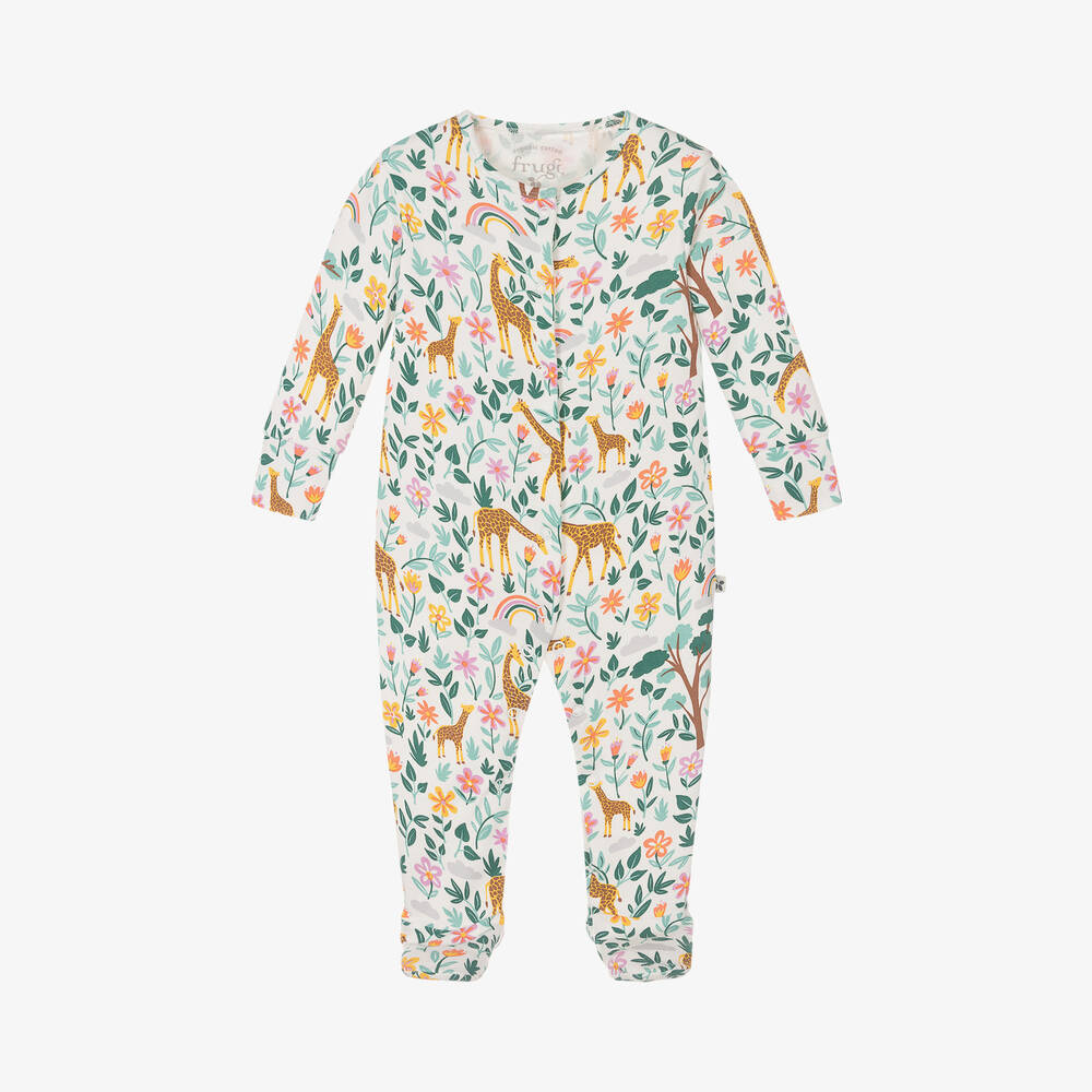 Frugi - White Giraffe Print Organic Cotton Babygrow | Childrensalon