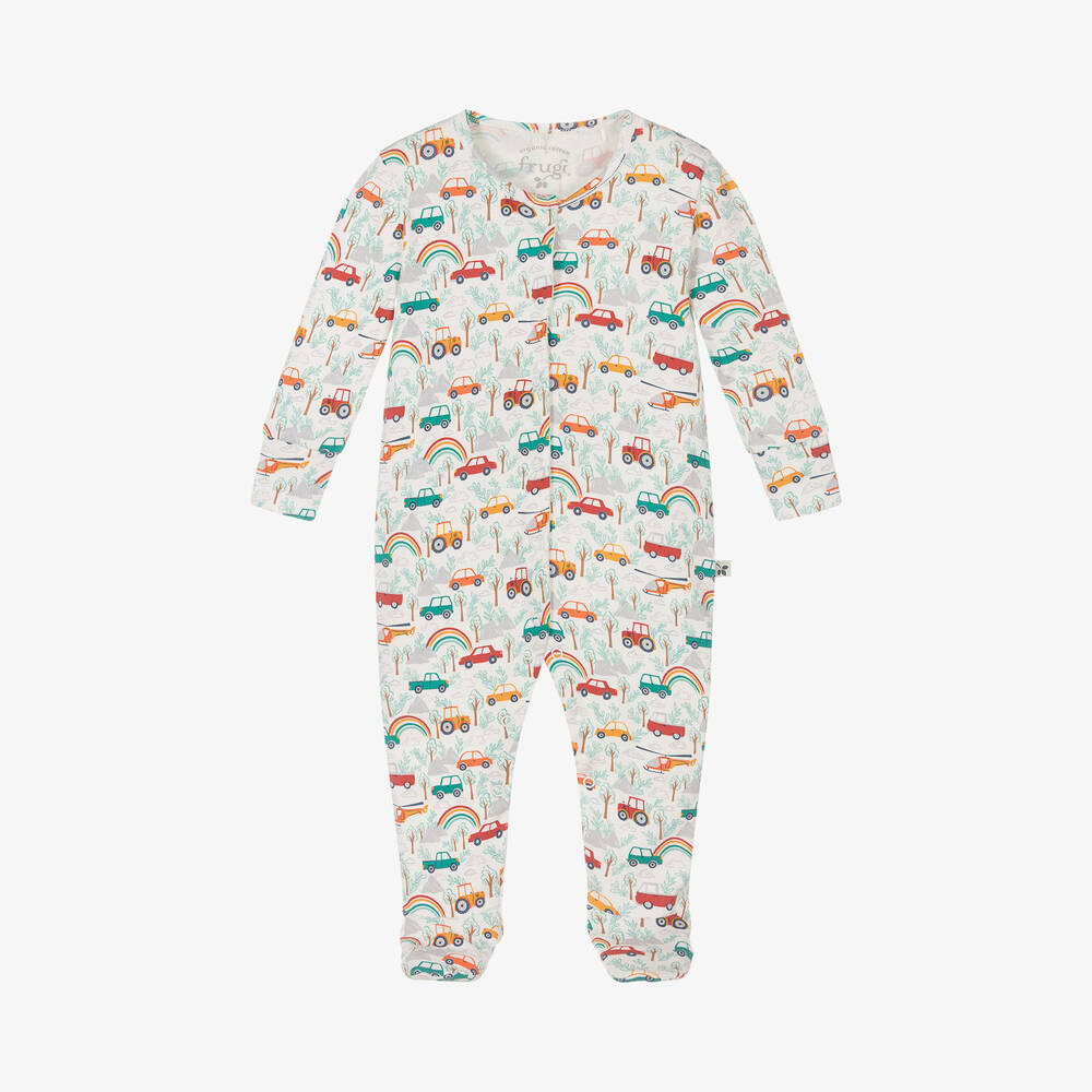 Frugi - White Organic Cotton Vehicle Print Babygrow | Childrensalon