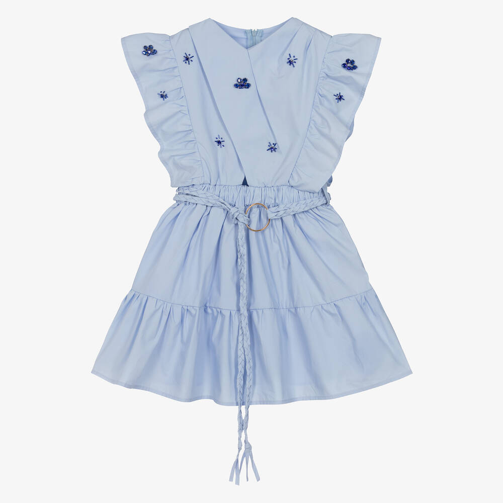 Fun & Fun - Girls Blue Jewelled Poplin Dress | Childrensalon
