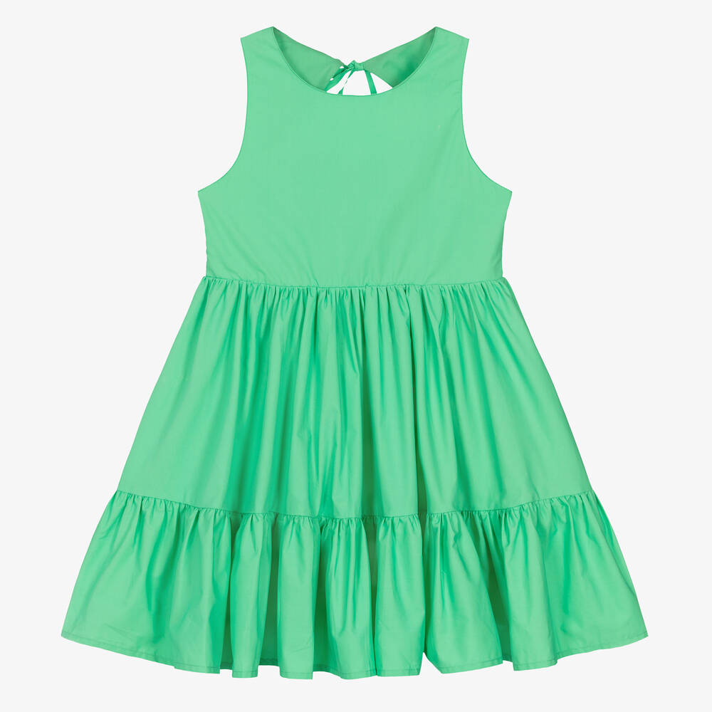 Fun & Fun - Girls Green Tiered Cotton Poplin Dress | Childrensalon