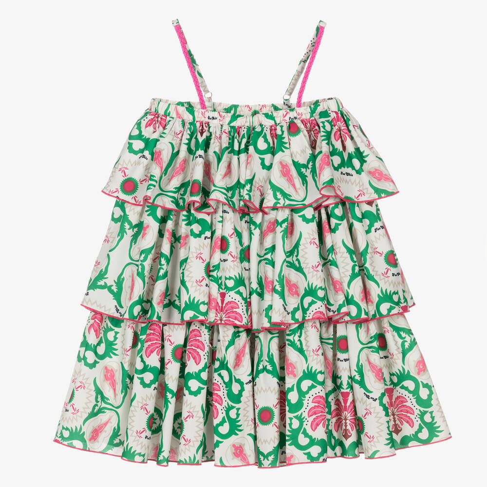 Fun & Fun Kids' Girls Ivory Floral Crêpe Dress In Green