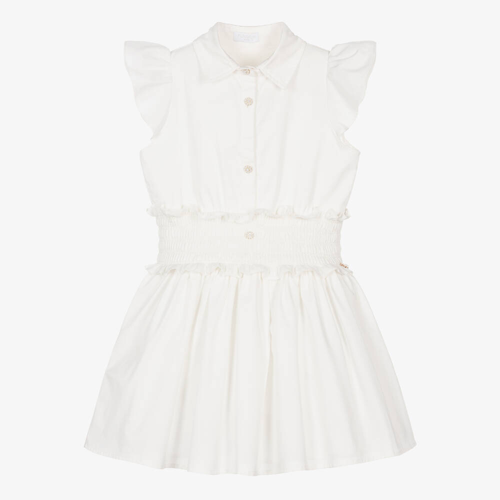 Fun & Fun - Girls White Cotton Ruched Waist Dress | Childrensalon