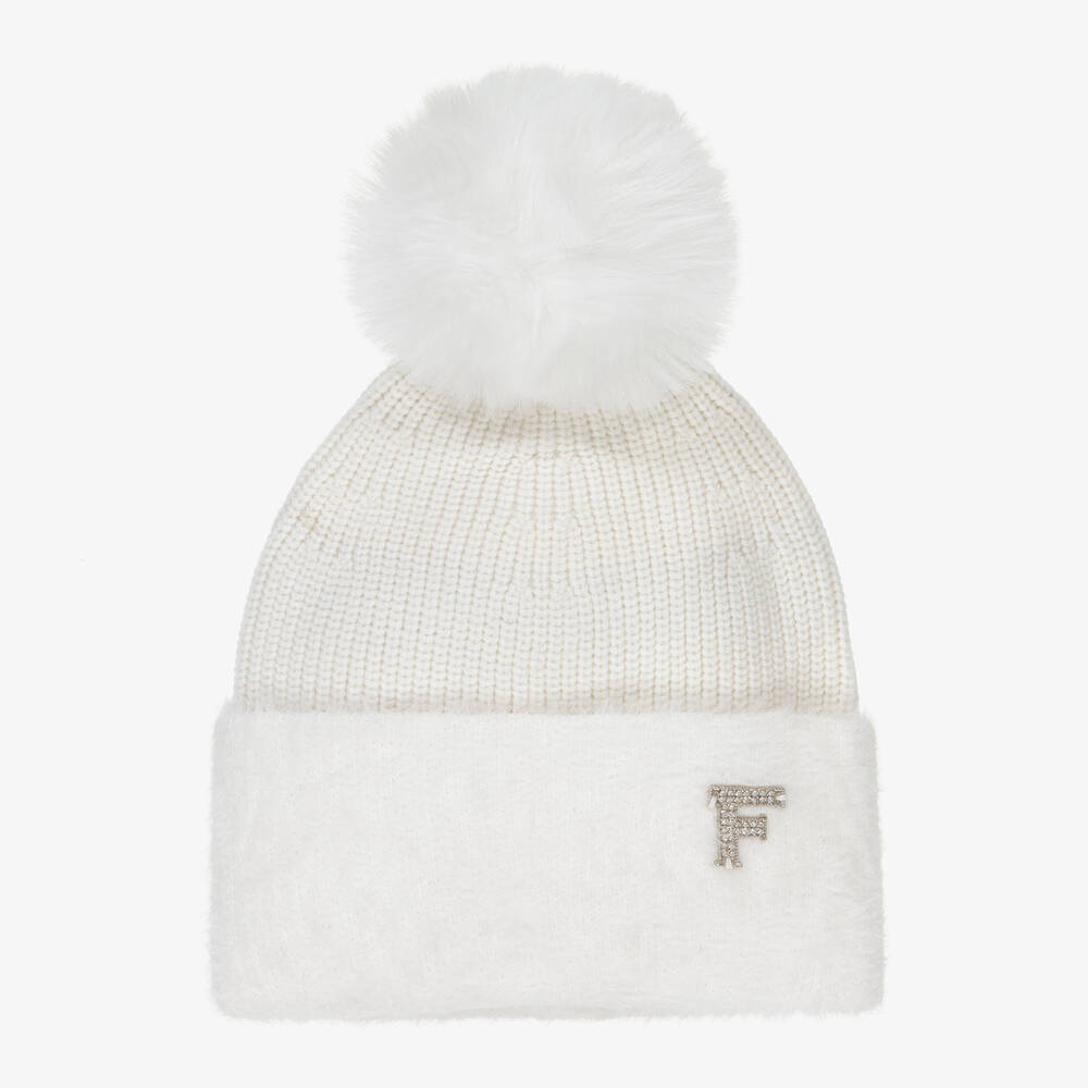 Fun & Fun - Girls White Knitted Pom-Pom Hat | Childrensalon