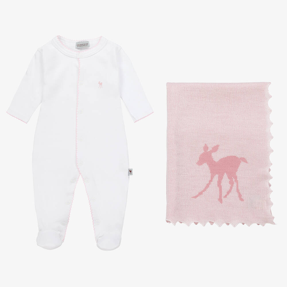 G.H.Hurt & Son - Baby Girls White Cotton & Pink Wool Gift Set | Childrensalon