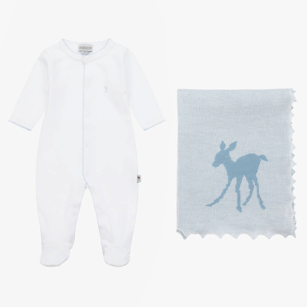 G.H.Hurt & Son - طقم هدية صوف ومزيج قطن لون أبيض وأزرق للمواليد | Childrensalon