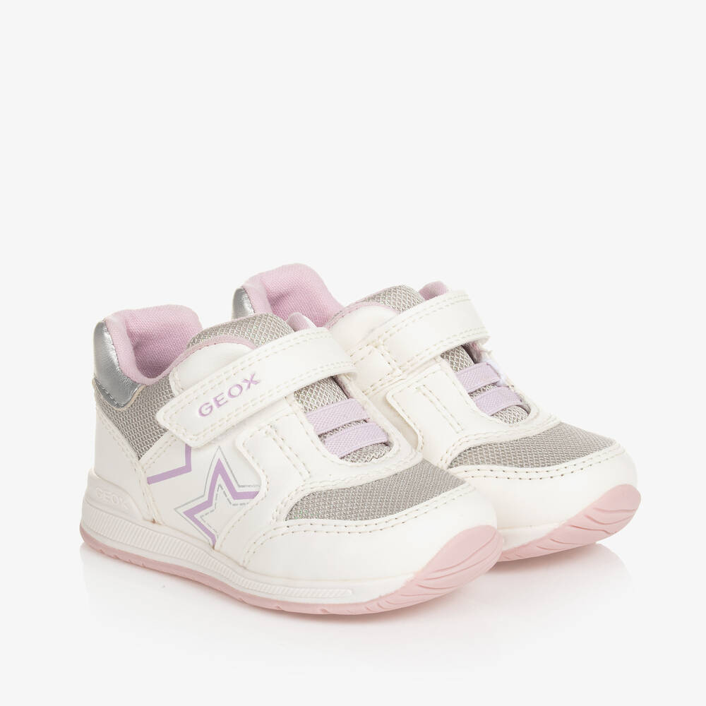 Geox - Girls White Faux Leather & Mesh Trainers | Childrensalon