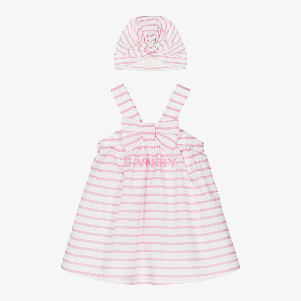 Givenchy - طقم فستان قطن مقلم لون زهري وأبيض للمولودات | Childrensalon