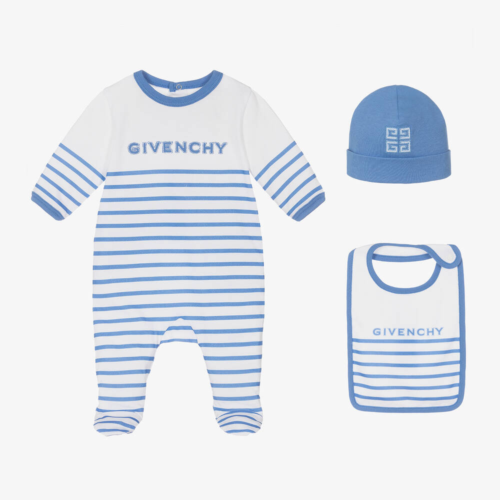Givenchy - طقم هدية بِدلة أوفرول قطن مقلم لون أزرق وأبيض | Childrensalon