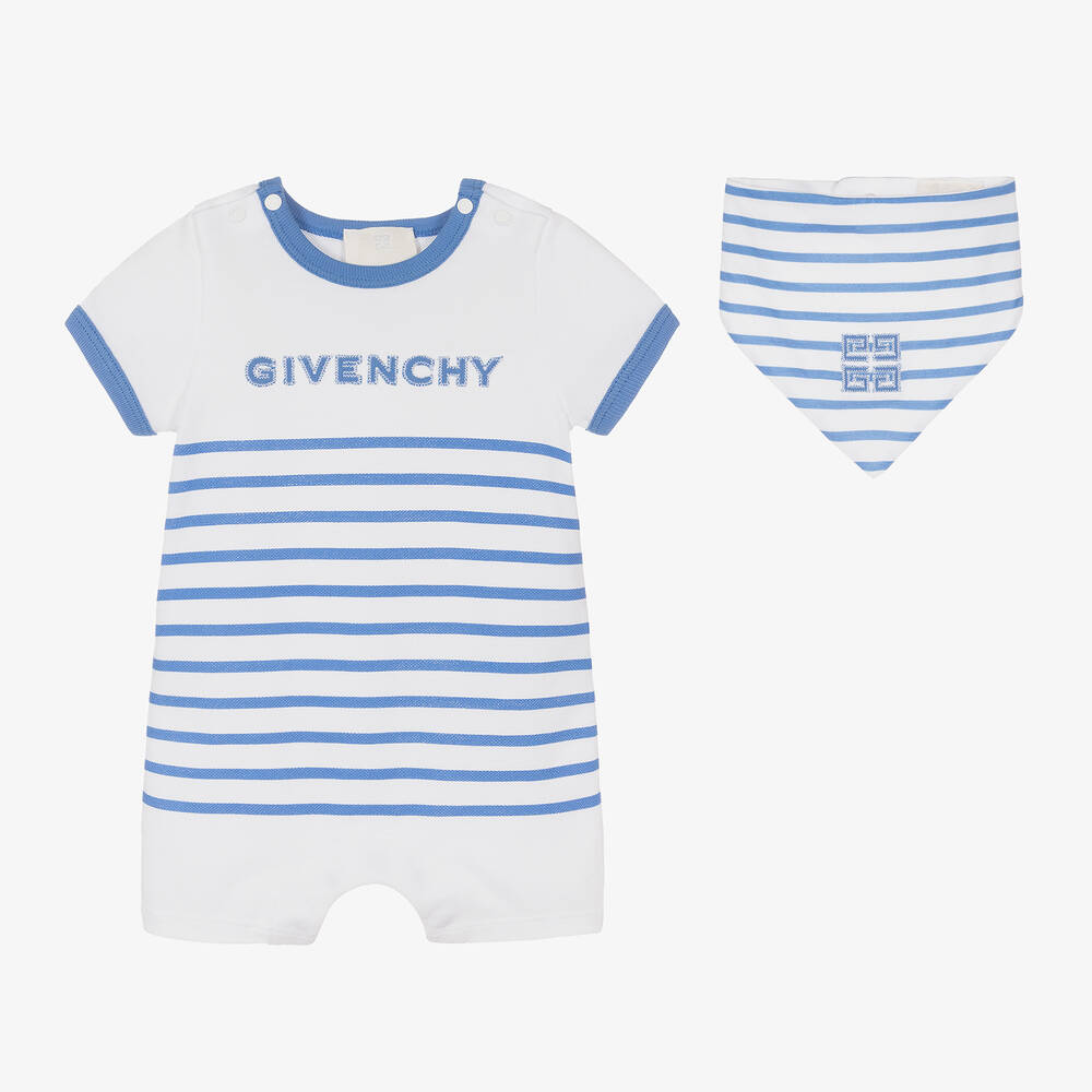 Givenchy - طقم بِدلة أوفرول قطن بيكيه مقلم لون أزرق وأبيض | Childrensalon