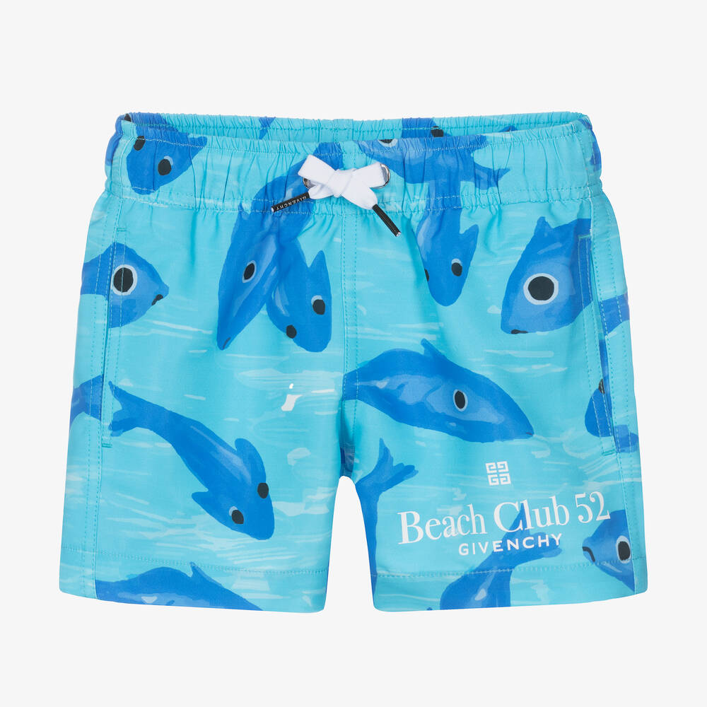 Givenchy - Boys Blue Fish Print Swim Shorts | Childrensalon