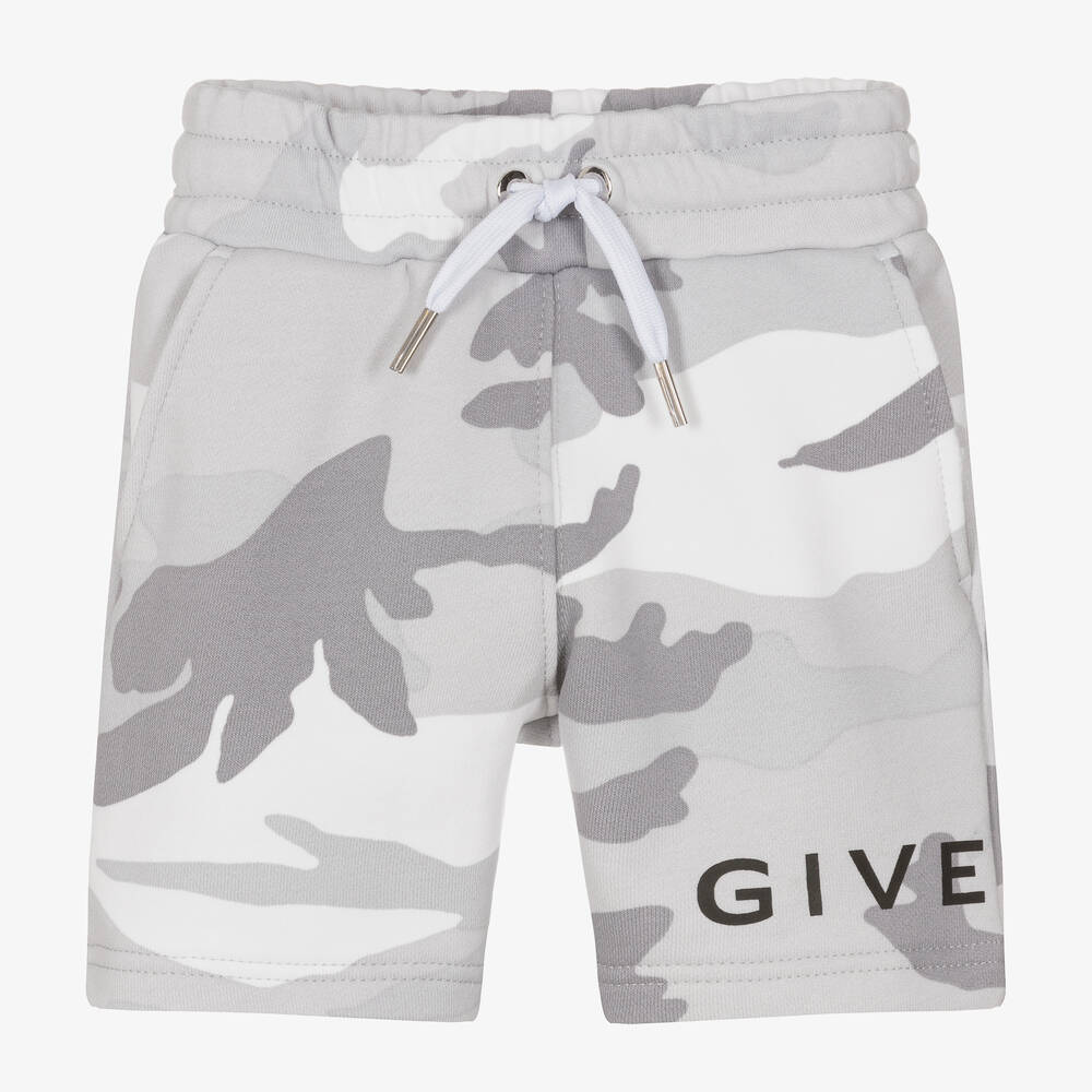 Shop Givenchy Boys Grey Camouflage Cotton Shorts