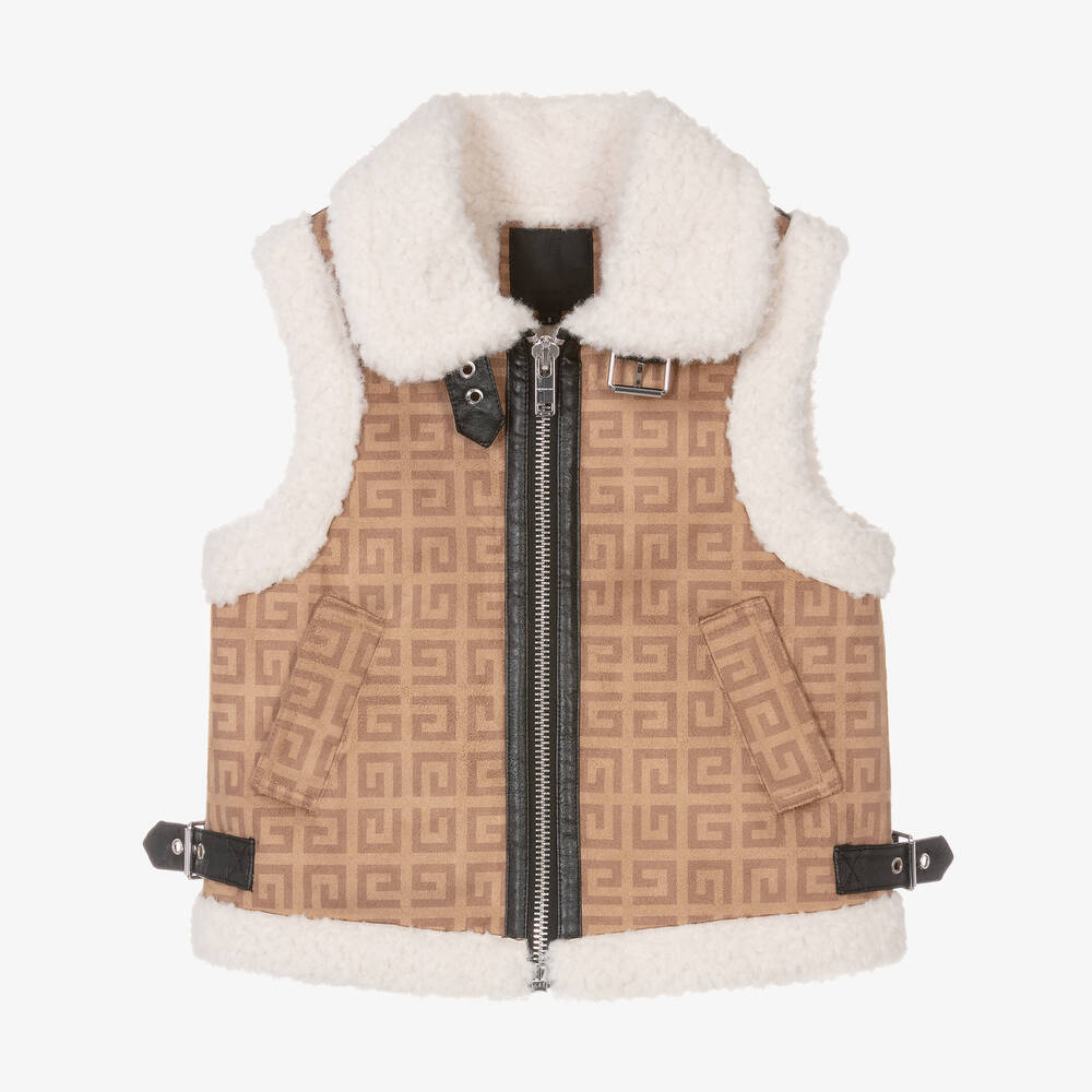 Givenchy - Girls Beige 4G Logo Sherpa Fleece Gilet | Childrensalon