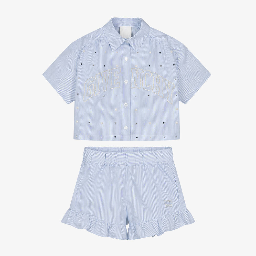 Givenchy - Girls Blue Swarovski Crystal Cotton Shorts Set | Childrensalon