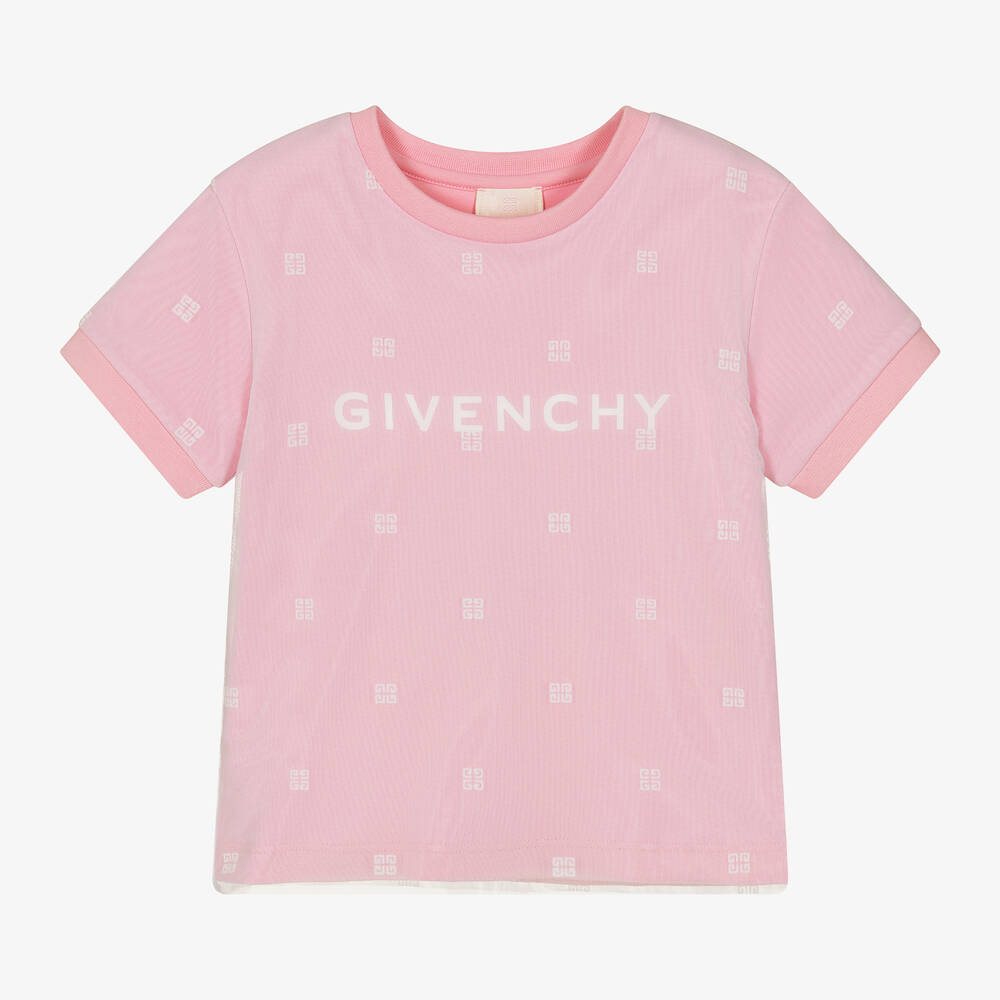 Givenchy - Girls Pink Cotton & 4G Mesh T-Shirt | Childrensalon
