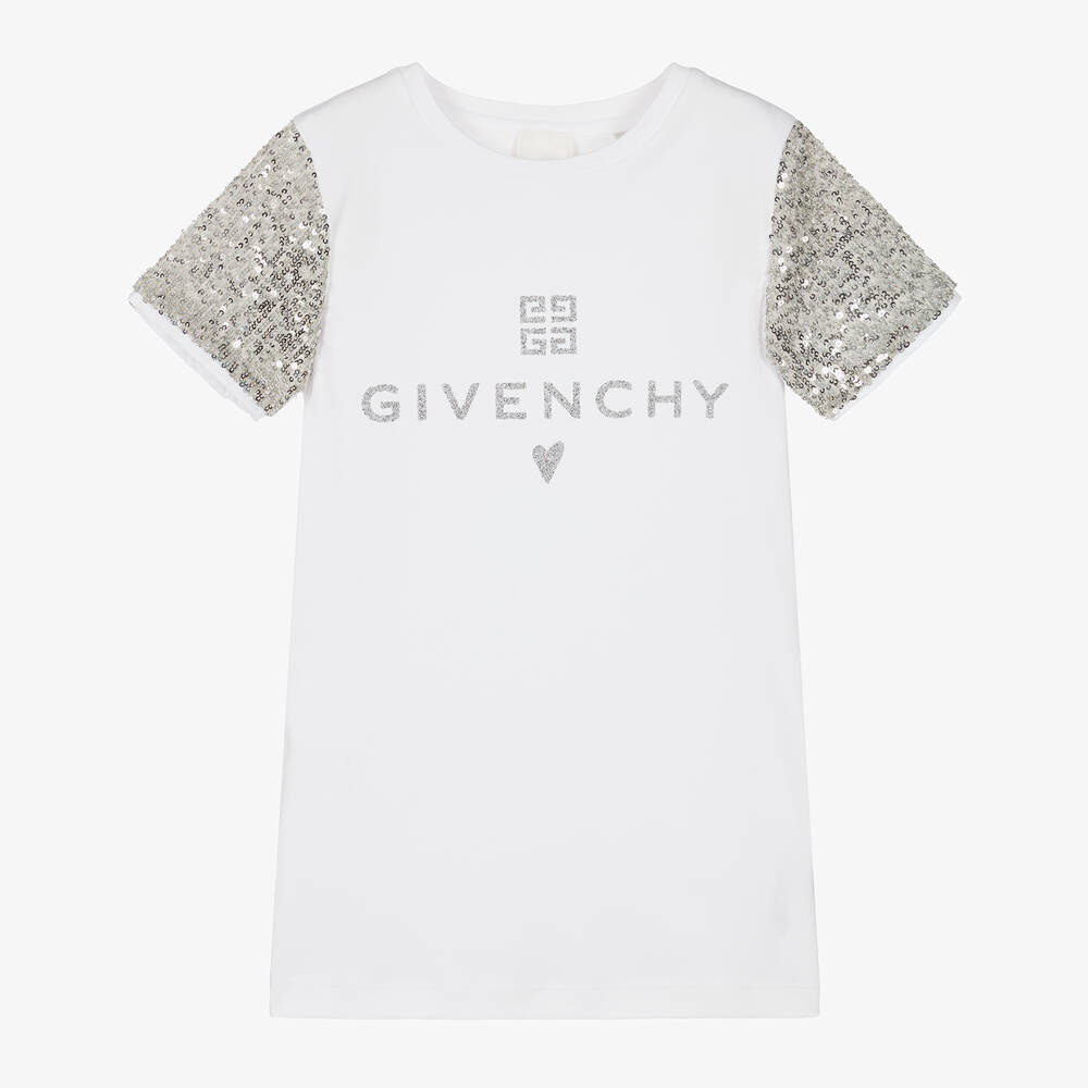 Givenchy - Girls White Cotton Sequinned Sleeve Dress | Childrensalon