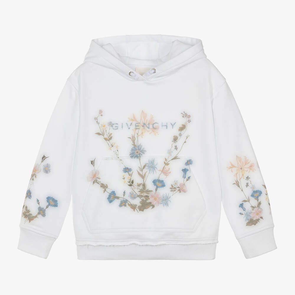 Givenchy - Girls White Flower Print Cotton Hoodie | Childrensalon